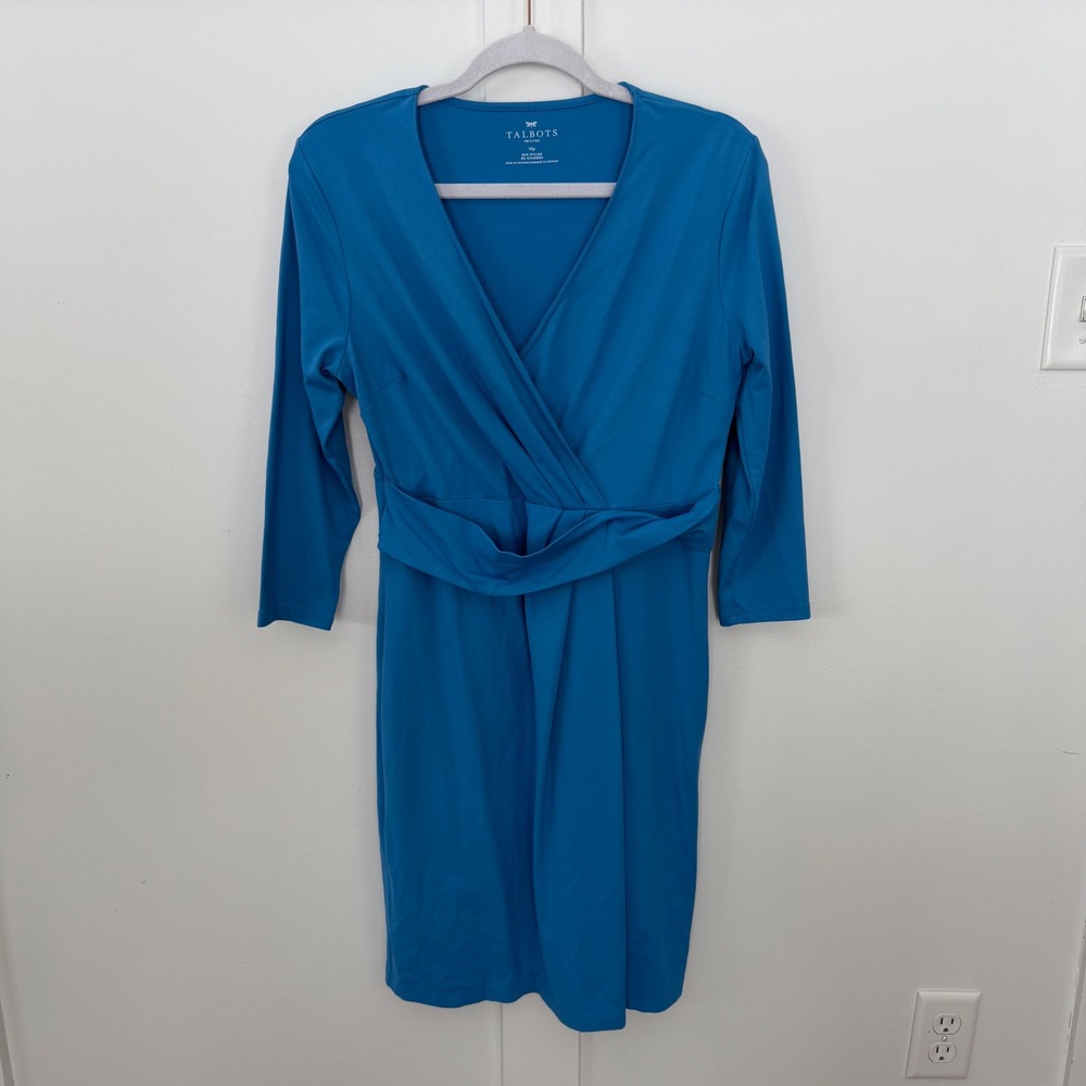 Talbots Petite Turquoise Blue 3/4 Sleeve V-Neck‎ Faux Wrap Dress Classic MP